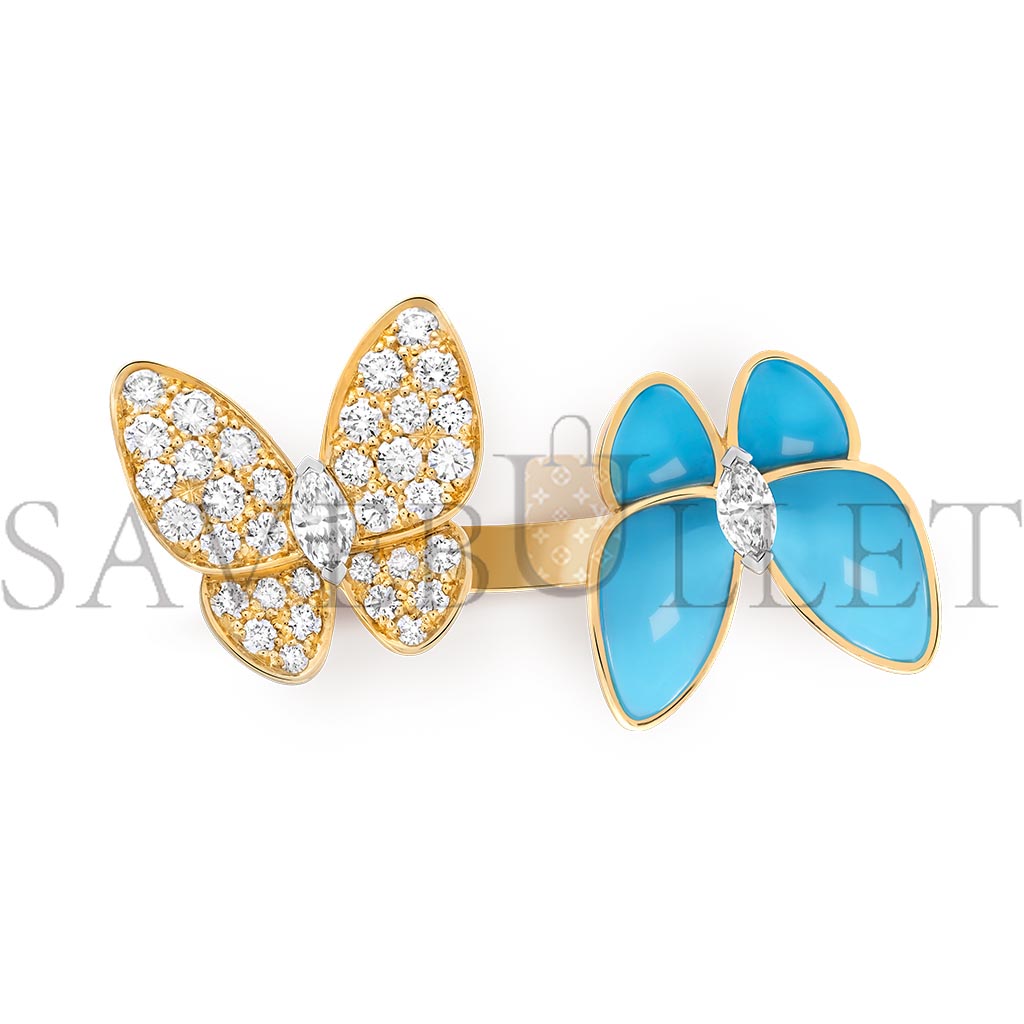 VAN CLEEF ARPELS TWO BUTTERFLY BETWEEN THE FINGER RING - YELLOW GOLD, DIAMOND, TURQUOISE  VCARP7UZ00